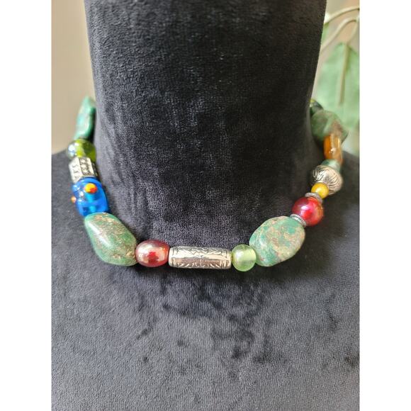 Womens Gold Statement Necklace With Multicolor Beaded Clusters And Lobster Clasp - Picture 2 of 6